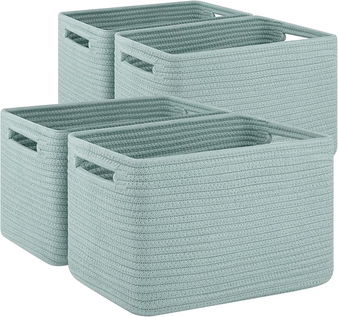 4 Pack Storage Baskets for Organizing Toys, Towels, and Clothes, Woven Basket for Shelves, Sturdy Nursery Cube Bins for Storage, 13''L x9''W x7.8''H, Frosty Green