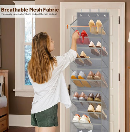MISSLO 12 Tier Over the Door Shoe Organizer Breathable Mesh Hanging Shoe Rack for Closet Storage Shoe Holder for Door Fit 24 Pairs Sandals, Heels, Boots (Grey)