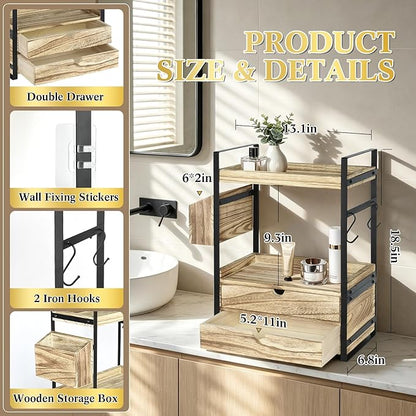 2-Tier Bathroom Counter Organizer with 2 Drawers, Basket and Hooks, Wood Bathroom Organizers and Storage for Countertop, Farmhouse Bathroom Countertop Organizer for Vanity, Kitchen, Coffee Bar, Office