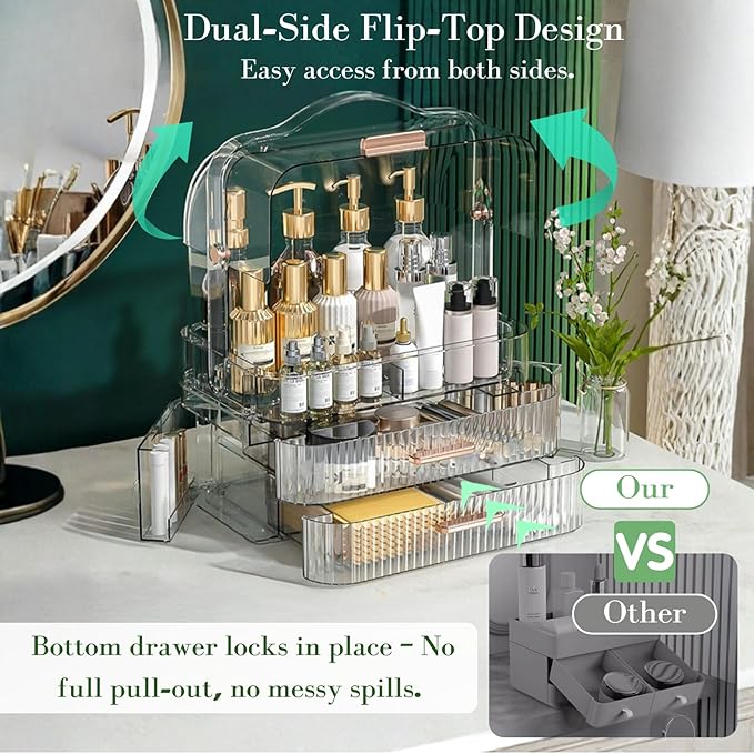 LINFIDITE Cosmetics Storage Box Transparent Lid Large Makeup Organizer Box Drawers Portable Handle Waterproof Dustproof Skincare Display Cases for Countertop, Bathroom, Dresser, PET,Clear Green