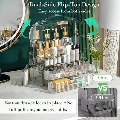 LINFIDITE Cosmetics Storage Box Transparent Lid Large Makeup Organizer Box Drawers Portable Handle Waterproof Dustproof Skincare Display Cases for Countertop, Bathroom, Dresser, PET,Clear Green