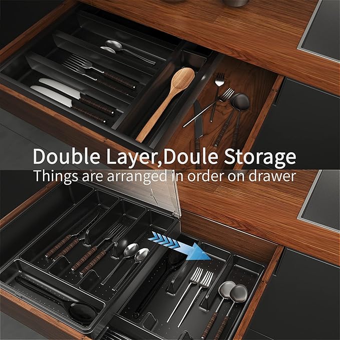 GoCozy Silverware Organizer with Lid, 9 Compartments Flatware Organizer, Plastic Utensil Holder for Countertop, Silverware Tray for Drawer, Black