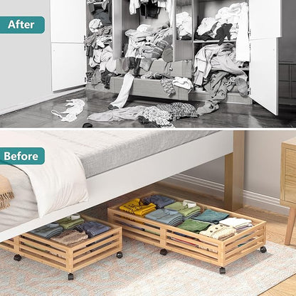 Bamboo Under Bed Storage Containers- Underbed Organizer with Wheels with Large Capacity Dust Bag,Sturdy Wood Rolling Under Bed Shoe Storage Organizer 2 Packs (Nature, 2 Packs (33.07"×16.54"))