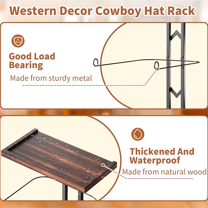 Cowboy Hat Rack for Wall, Hat Organizer for Baseball Caps, 3 Pieces Western Hats Hangers Holder with 2 Hooks, Rustic Wood Display Stand with Storage for Fedora,Sun Hats (Black)
