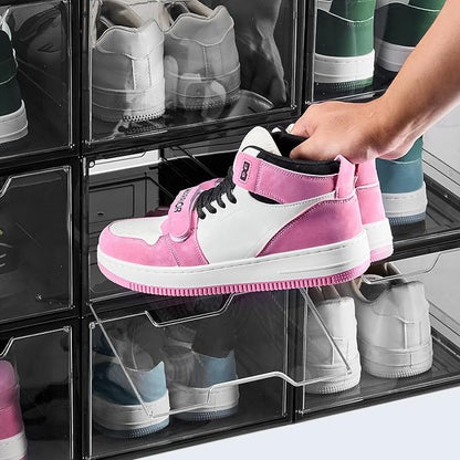 VEVOR Shoe Storage Boxes, 9 Pack Clear Stackable Shoe Boxes Storage Organizers with Magnetic Door, Fit up to US Size 13, Plastic Sneaker Containers for High Heels, Boots, and Hats, Transparent Black