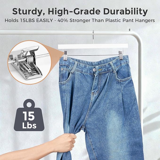 HOUSE DAY Premium Wooden Pants Hangers 25 Pack, Solid Lotus Wood Skirt Hangers with 2-Adjustable Clips, Heavy Duty & Anti Slip Wood Bottom Hanger for Slacks, Jeans, Trousers, Shorts (White)