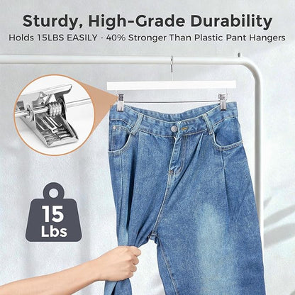 HOUSE DAY Premium Wooden Pants Hangers 25 Pack, Solid Lotus Wood Skirt Hangers with 2-Adjustable Clips, Heavy Duty & Anti Slip Wood Bottom Hanger for Slacks, Jeans, Trousers, Shorts (White)