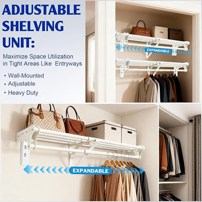 Closet Shelf with Hanging Rod, 52-95'' Expandable Wall Mounted & Side Wall Mounted Steel Clothes Rack with Top Shelf, Holds 220 lb Heavy Duty Closet Rod DIY Divider Separtor for Cabinet Wardrobe