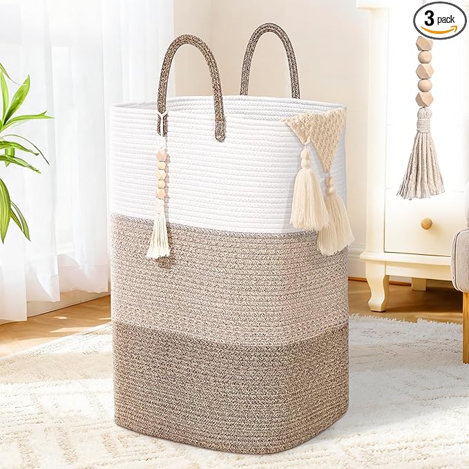 Woven Laundry Basket for Clothes,65 L Large Rectangle Laundry Hampers with Beads Tassel, Nursery Storage Basket for Toys, Tall Dirty Clothes Hamper for Bedroom Aesthetic, Laundry Room Organization