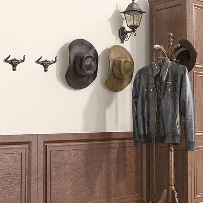 Cowboy Hat Rack for Wall 4 Pack Modern Metal Cowboy Hat Holder Cast Iron Cowgirl Hat Hanger Western Longhorn Hooks for Storage and Display for Closet Bedroom Living Room Rust