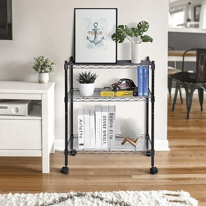 SUPER DEAL 3-Shelf Adjustable Heavy Duty Storage Wire Shelving Unit with Wheels, Metal Organizer Wire Rack Microwave Utility Cart, Black (24L x 14W x 31H)