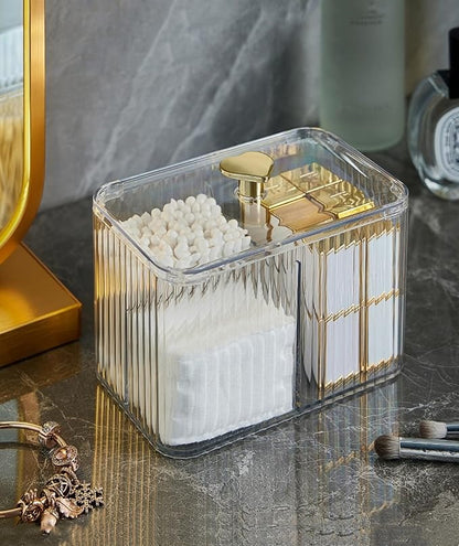 Qtips Holder Dispenser 3 Compartments Cotton Ball Holder Cotton Swabs Organizer Acrylic Bathroom Container with Lid for Swab Pads Cosmetics(Clear)
