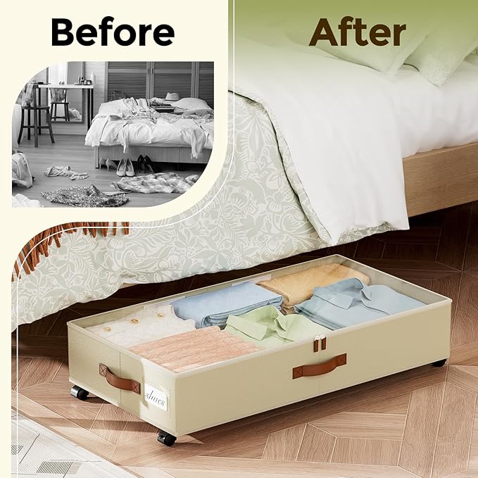 LAMU Under Bed Storage with Wheels, 2 Pack Under Bed Storage Containers with Clear Lids & Label, Rolling Under Bed Drawers for Clothes, Shoes, Blankets, Beige