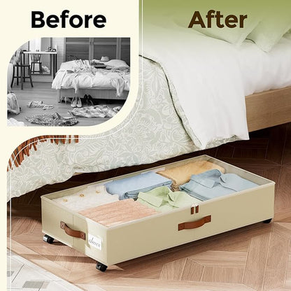 LAMU Under Bed Storage with Wheels, 2 Pack Under Bed Storage Containers with Clear Lids & Label, Rolling Under Bed Drawers for Clothes, Shoes, Blankets, Beige