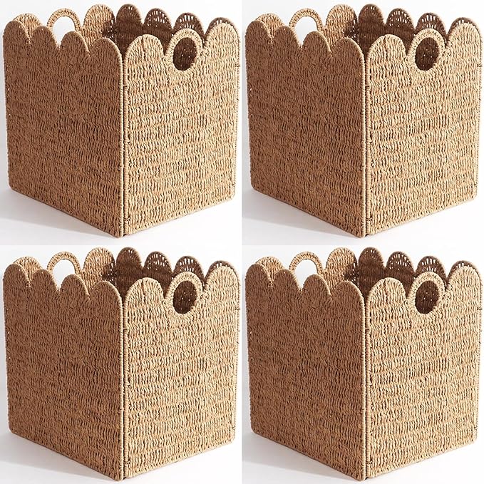 Scalloped Wicker Storage Cubes Basket, 12”x12“ Heavy Duty Paper rope/Hyacinth/Seagrass Baskets for Shelves, Foldable Natural Boho Square Bins (Paper Rope&12 x 12 x 12in&4-Pack)