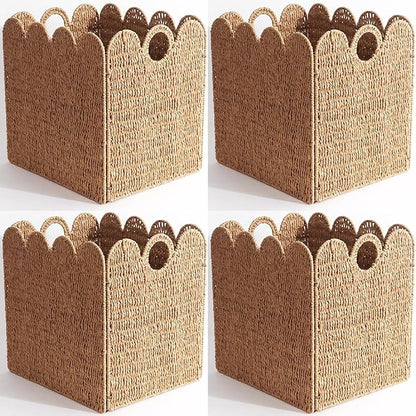 Scalloped Wicker Storage Cubes Basket, 12”x12“ Heavy Duty Paper rope/Hyacinth/Seagrass Baskets for Shelves, Foldable Natural Boho Square Bins (Paper Rope&12 x 12 x 12in&4-Pack)