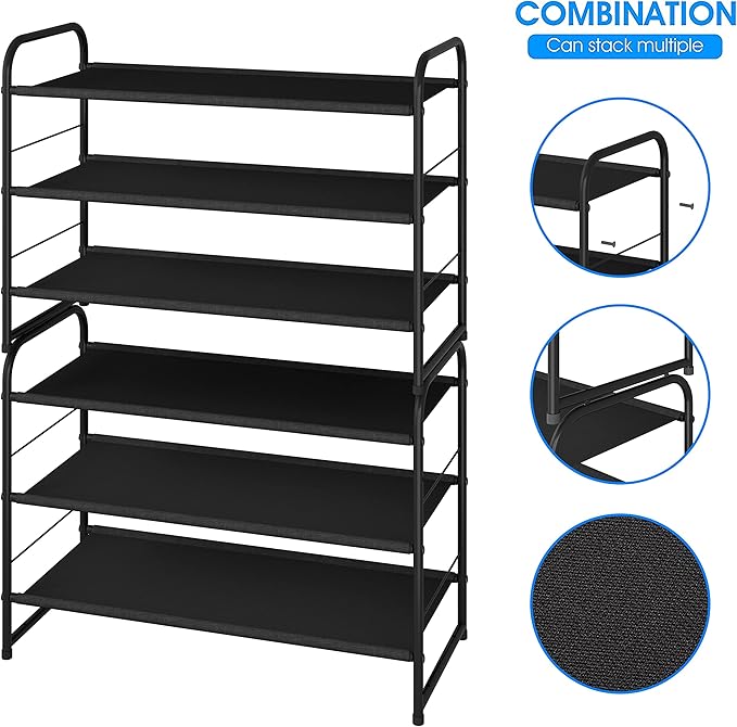 Simple Trending 3 Tier Stackable Shoe Rack, Expandable Adjustable Fabric Shoe Shelf Storage Organizer, Black