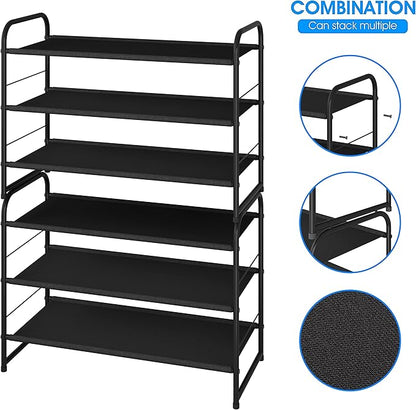 Simple Trending 3 Tier Stackable Shoe Rack, Expandable Adjustable Fabric Shoe Shelf Storage Organizer, Black