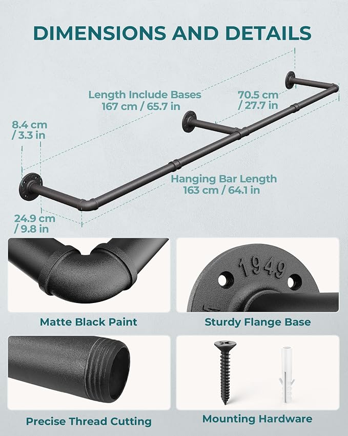 OROPY Clothes Rack, 65.7" Industrial Pipe Clothing Rack 2 Pack for Clothes, Wall Mounted Heavy Duty Space Saving Garment Rack for Closet Storage, Black, 3 Base