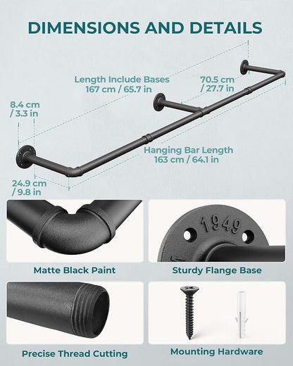 OROPY Clothes Rack, 65.7" Industrial Pipe Clothing Rack 2 Pack for Clothes, Wall Mounted Heavy Duty Space Saving Garment Rack for Closet Storage, Black, 3 Base
