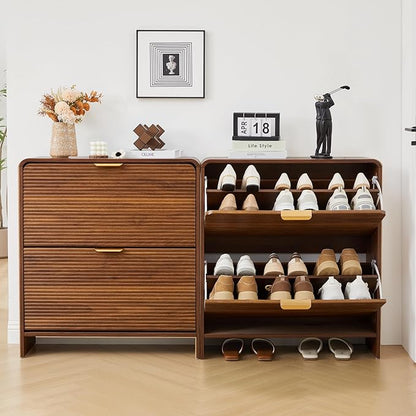 RARZOE Set of 2 Fluted Shoe Storage Cabinets for Entryway, Narrow Curved Shoe Cabinet with 2 Flip Drawers, Wood Hidden Shoe Organizer Closed Shoe Rack Cabinet for Foyer,Hallway (29.5''Walnut)