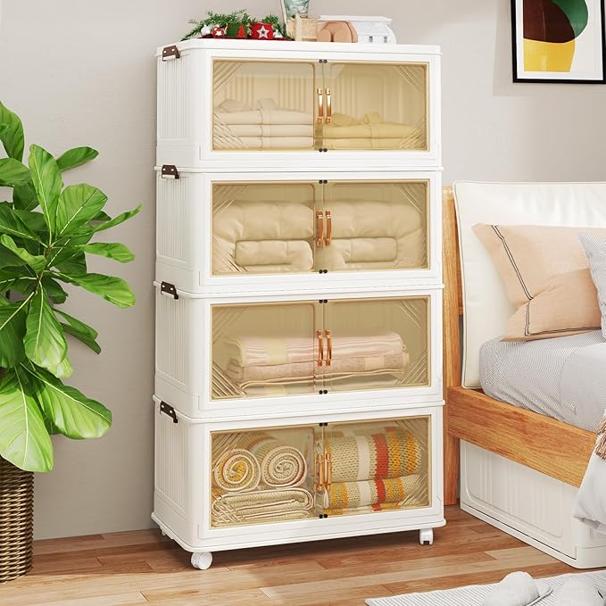 Storage Bins with Lid, 111 Gal/444 Qt, 4 Pack Large Stackable Storage Bins with Lid, White Collapsible Storage Bins with Wheels, Foldable, Customizable, for Home Office Organization