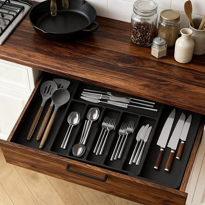 Expandable Silverware Drawer Organizer - BPA Free Flatware and Cutlery Holder, Adjustable Large Plastic Storage Tray for Kitchen Spoons Forks Knives, Black