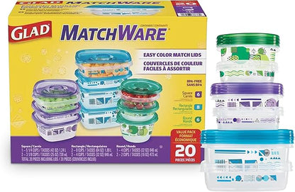 Glad GladWare MatchWare Food Storage Containers with Lids, BPA Free Reusable Plastic 20 Piece Variety Pack for Lunches, Meal Prep, and Leftovers, Leak Resistant, Microwave and Dishwasher Safe