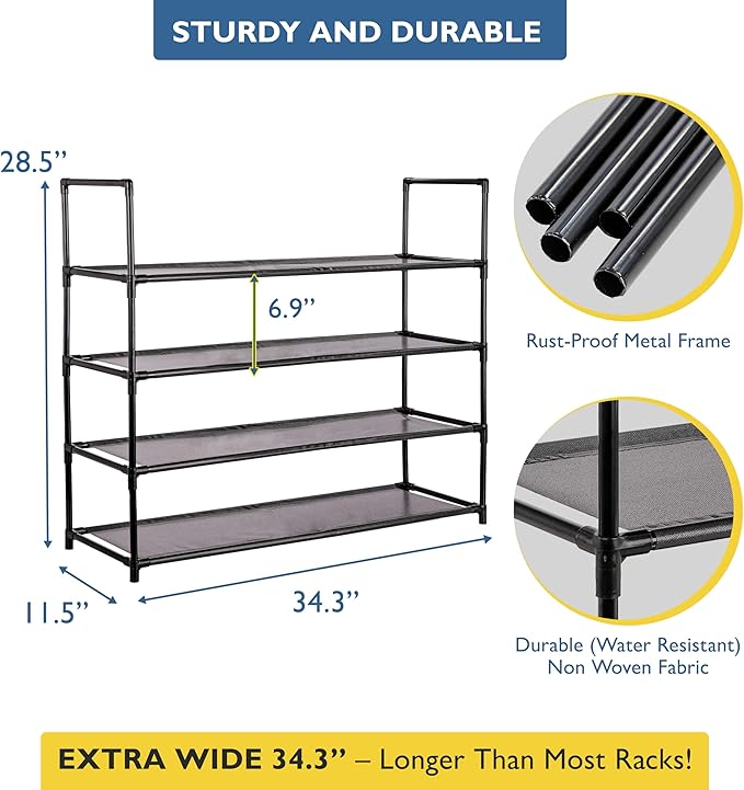 Sundaze Shoe Rack - 4 Tier Shoe Rack for Front Door Entrance, Sturdy Long Shoe Organizer for Closet, Bedroom, Entryway, Garage, Non Woven Fabric Shelf, Black, Holds Up to 20 Pairs