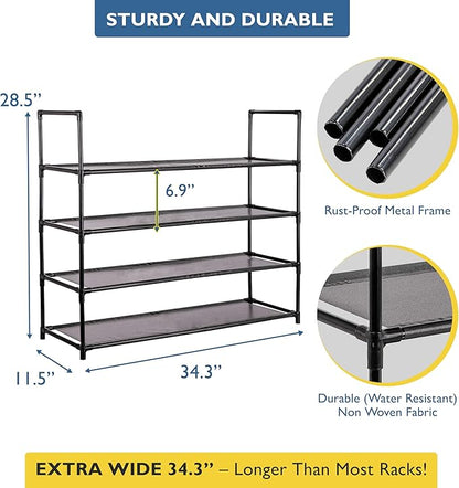 Sundaze Shoe Rack - 4 Tier Shoe Rack for Front Door Entrance, Sturdy Long Shoe Organizer for Closet, Bedroom, Entryway, Garage, Non Woven Fabric Shelf, Black, Holds Up to 20 Pairs
