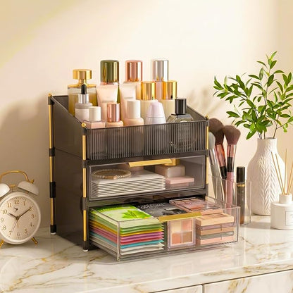 Large Capacity Makeup Organizer Countertop with Brush Holder, Vanity Skincare Perfume Storage Box for Bathroom, Mother's Day Birthday Anniversary Teen Girl Gifts for Women Mom