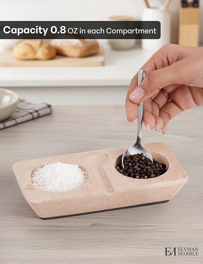 Marble Salt and Pepper Dish with Spoon, Handcrafted Double Spice Tray with 2 Compartments, Natural Stone Condiment Dish for Cooking Prep and Serving - Verona Beige