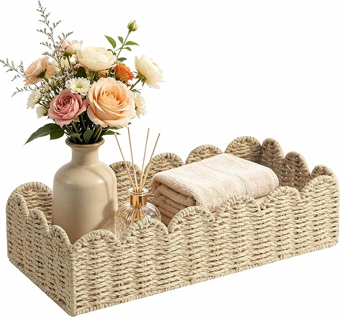 Upgraded Scalloped Wicker Toilet Paper Storage Basket, Handwoven Paper Rope Organizer for Toilet Tank & Shelves, Living Room, Bedroom & Entryway, Decorative Woven Bin, Beige L