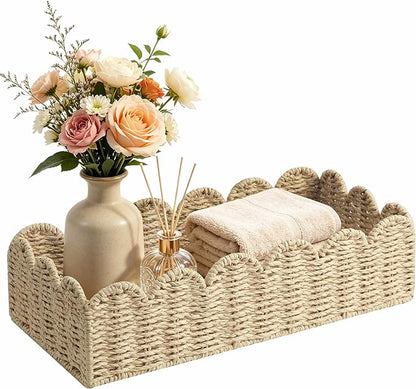 Upgraded Scalloped Wicker Toilet Paper Storage Basket, Handwoven Paper Rope Organizer for Toilet Tank & Shelves, Living Room, Bedroom & Entryway, Decorative Woven Bin, Beige L