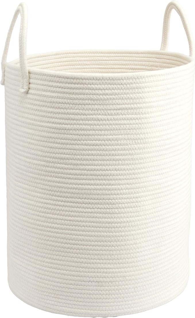 Woven Cotton Rope Laundry basket-15”X20” Laundry Hamper-Rope Storage Basket for Dirty Clothes, Toys and Blankets Perfect for Bathroom, Baby nursery and Living Room Storage (white)