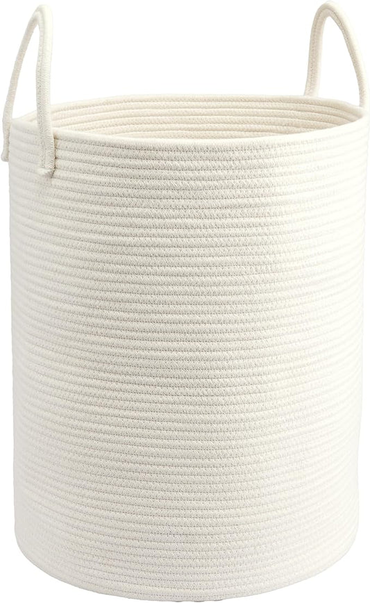 Woven Cotton Rope Laundry basket-15”X20” Laundry Hamper-Rope Storage Basket for Dirty Clothes, Toys and Blankets Perfect for Bathroom, Baby nursery and Living Room Storage (white)