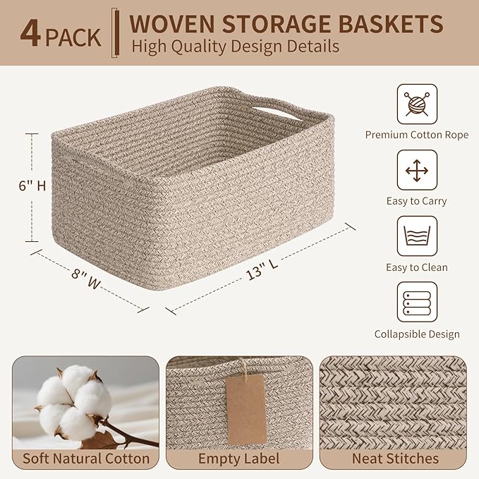 Goodpick 4 Pack Storage Baskets for Shelves, Rectangle Woven Baskets for Organizing, Closet Storage Bins with Handles, Decorative Toy Organizer Basket for Gifts, 13''L x 8''W x 6''H, Brown