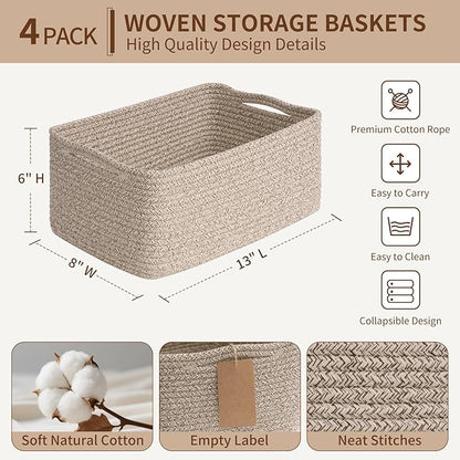 Goodpick 4 Pack Storage Baskets for Shelves, Rectangle Woven Baskets for Organizing, Closet Storage Bins with Handles, Decorative Toy Organizer Basket for Gifts, 13''L x 8''W x 6''H, Brown