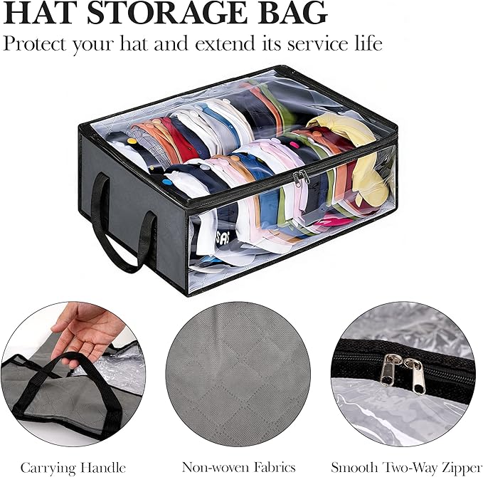 Hat Organizer for Baseball Caps, Non-Woven Wide Hat Storage Box with Handle, Large Hat Racks Holder for Bedroom Closet (Grey)