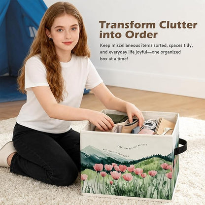 Inspirational Mountain Wildflower Storage Box Bins, Motivational Quote Floral Mountain Collapsible Storage Basket Organizer for Bedroom Laundry Room Home Clothes Books, Decor for Room