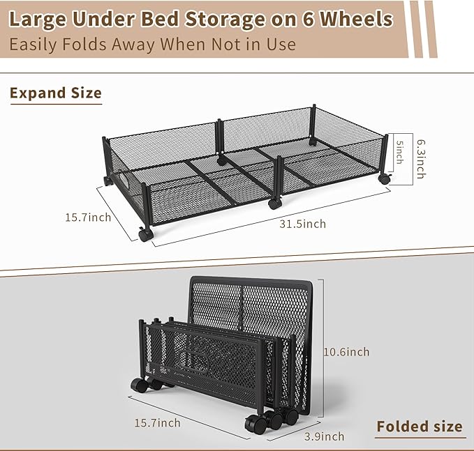 Under Bed Storage on Wheels, Upgraded 31.5 inch Large Rolling Under Bed Storage, Metal Foldable Underbed Drawers Organizer Tool-free Assembly Underbed Shoes Clothes Organize