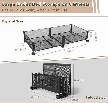 Under Bed Storage on Wheels, Upgraded 31.5 inch Large Rolling Under Bed Storage, Metal Foldable Underbed Drawers Organizer Tool-free Assembly Underbed Shoes Clothes Organize