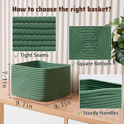 MiniArk Small Organizing Baskets for Cubes Shelf, 9.7x9.7x7.1 Inch Rope Woven Storage Bins for Nursery Shelves Storage, Cute Toy Basket, Square 3 Packs Green
