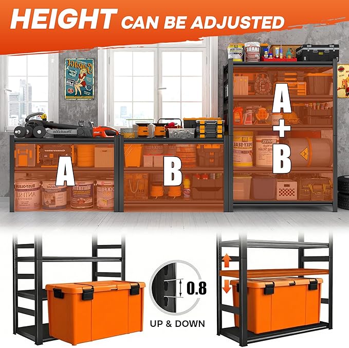 5 Tier Garage Shelving Wood Storage Shelves 600 lb Load Capacity 63" H*20" W*14" D Metal Shelving Suitable for Garage Kitchen Pantry,Black