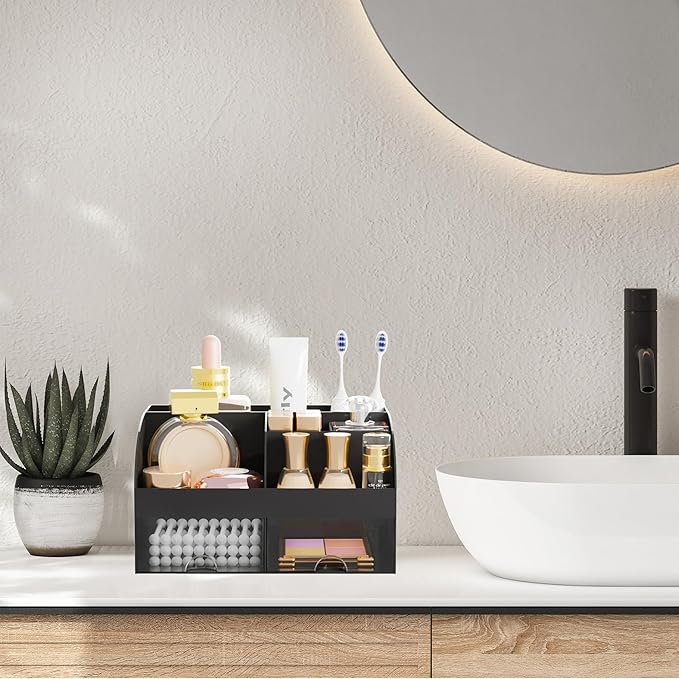 Makeup Organizer with 2 Drawers, Cosmetic Storage for Dresser Vanity and Bathroom Countertop,Make up organization and Skincare Storage with Beauty Brush Holder, Cosmetic Display Case (Black)