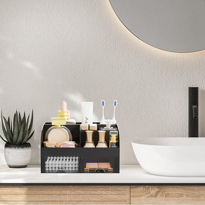 Makeup Organizer with 2 Drawers, Cosmetic Storage for Dresser Vanity and Bathroom Countertop,Make up organization and Skincare Storage with Beauty Brush Holder, Cosmetic Display Case (Black)