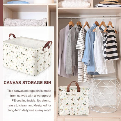 Mallard Duck Storage Basket Collapsible Waterproof Canvas Toy Storage Bin Basket with Leather Handles Farmhouse Wild Green Head Ducks Hunting Nursery Decor for Kids Bedroom Clothes Toys Books