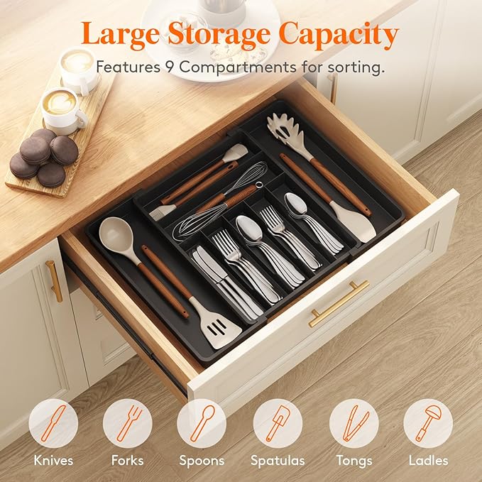 Lifewit Silverware Drawer Organizer, Expandable BPA Free Plastic Utensil Tray for Kitchen, Adjustable Flatware Cutlery Holder for Spoons Forks Knives, 13-22.3 x 16.7", Black