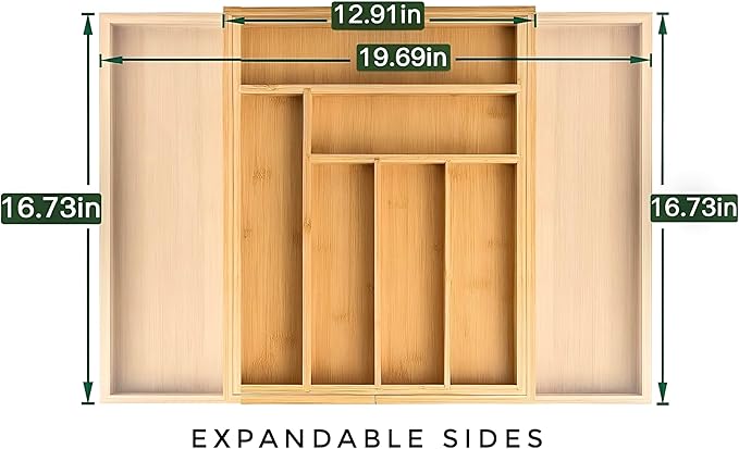 Bamboo Drawer Organizer, Expandable 8-Slot Silverware & Utensil Tray for Kitchen Drawers, Fits 13–19.5 Inch Drawers, Deep Compartments, Durable & Eco-Friendly Natural Bamboo