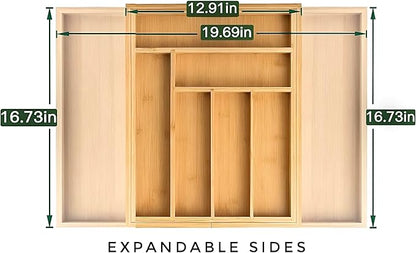Bamboo Drawer Organizer, Expandable 8-Slot Silverware & Utensil Tray for Kitchen Drawers, Fits 13–19.5 Inch Drawers, Deep Compartments, Durable & Eco-Friendly Natural Bamboo